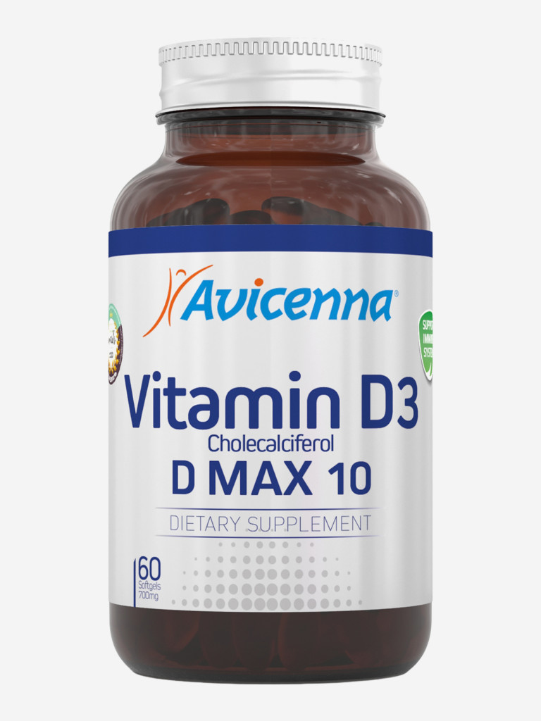 Высокодозированный витамин D3 10.000МЕ Avicenna® Vitamin D3 MAX-10 для иммунитета, костей и мышц, 60 капсул