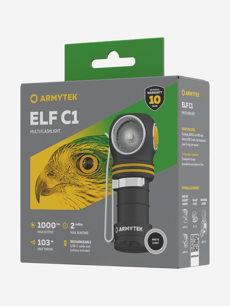Фонарь налобный Armytek Elf C1 USB-C, 1000 лм, холодный свет