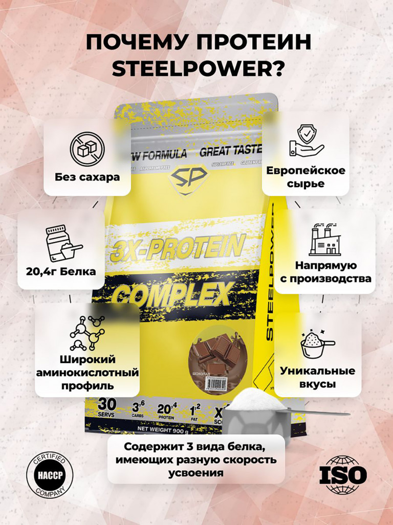 Комплексный протеин STEELPOWER 3X-PROTEIN COMPLEX, пакет 900 гр, Шоколад