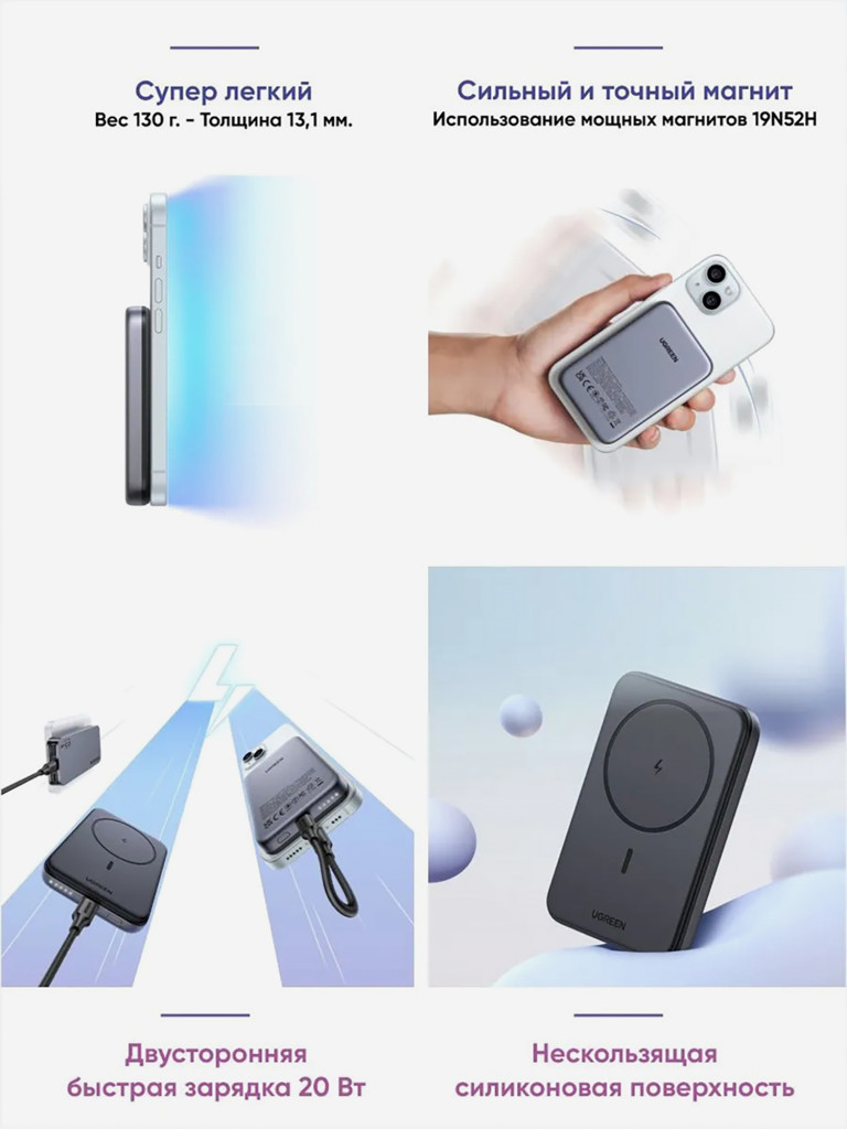 Внешний аккумулятор UGREEN PB561 (25919) 10000mAh Magnetic Wireless Power Bank