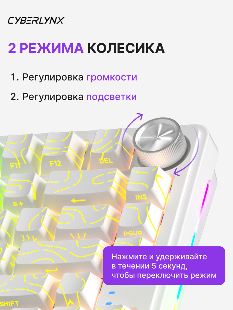 Игровая беспроводная механическая клавиатура CYBERLYNX RX75 белые контурные линии Mute Switch