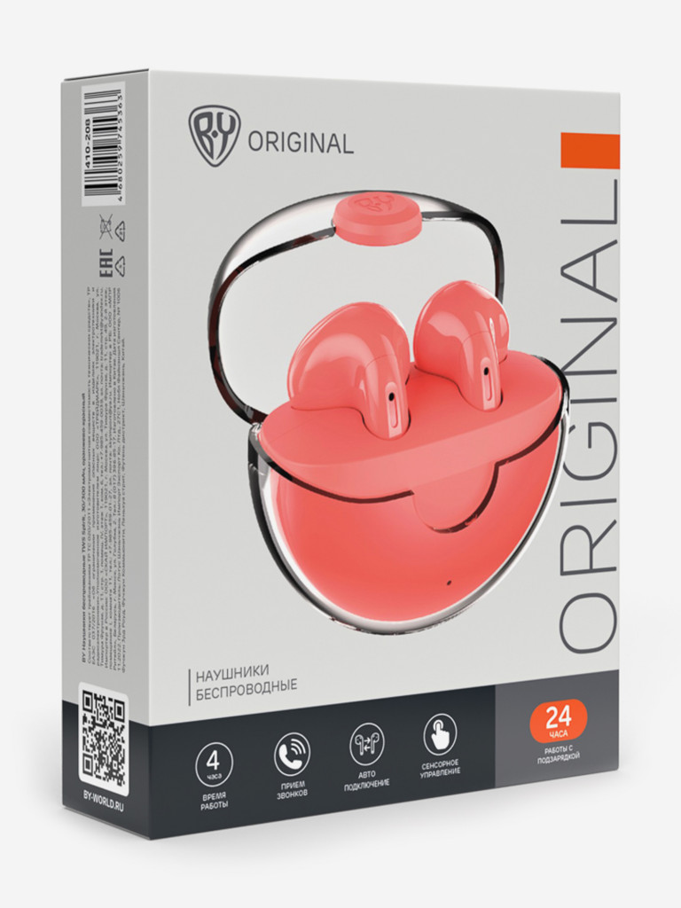 BY Наушники беспроводные TWS Spirit, 30/300мАч, оранжево-красный