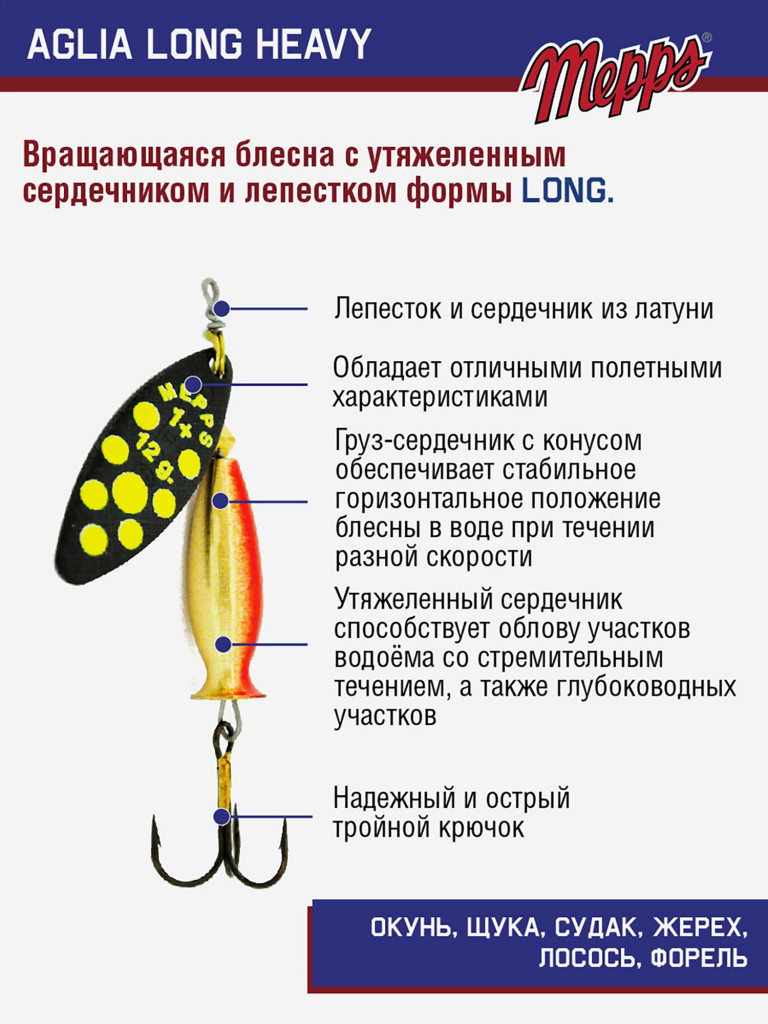 Блесна Mepps AGLIA LONG HEAVY 1+NR PT JAUNE