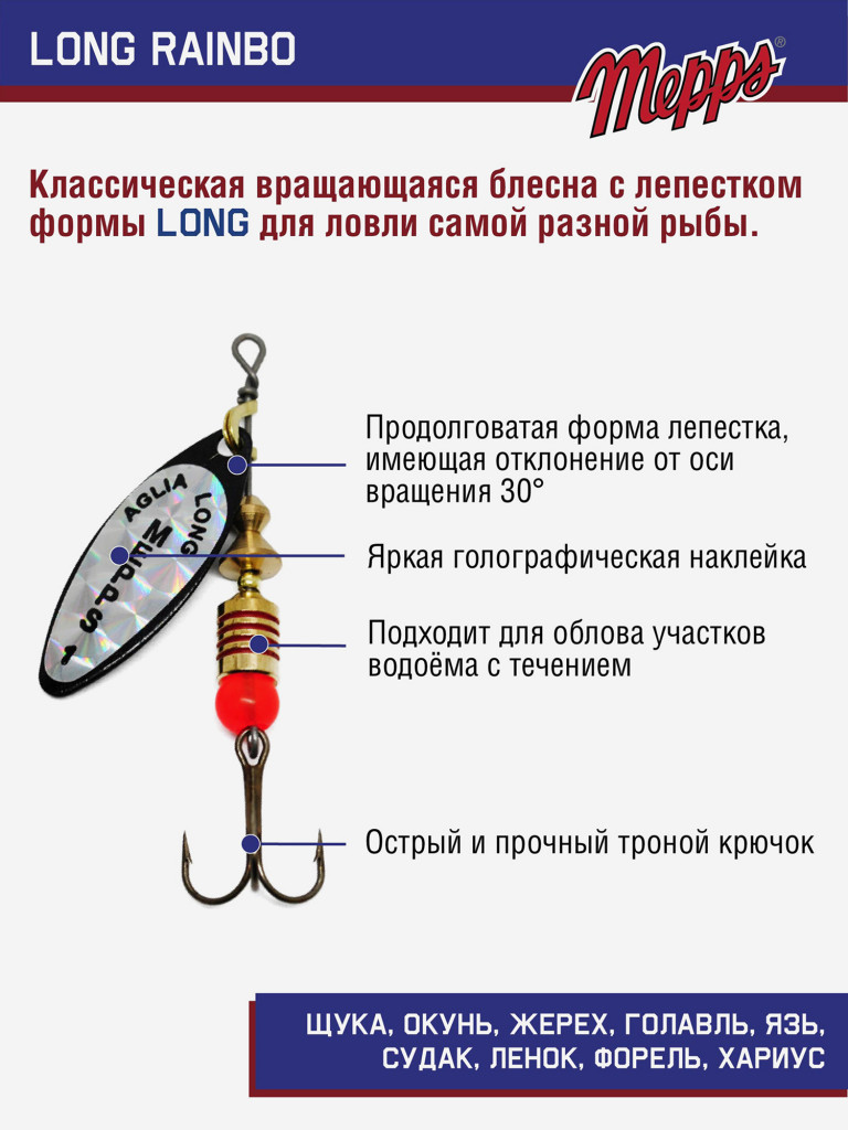 Блесна вращающаяся для рыбалки Mepps LONG RAINBO на щуку, окуня