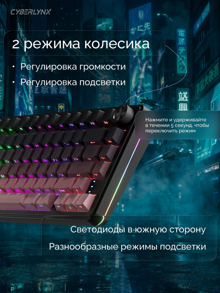 Игровая беспроводная клавиатура CYBERLYNX RX75 Pro Градиент черный розовый Glow Blue switch