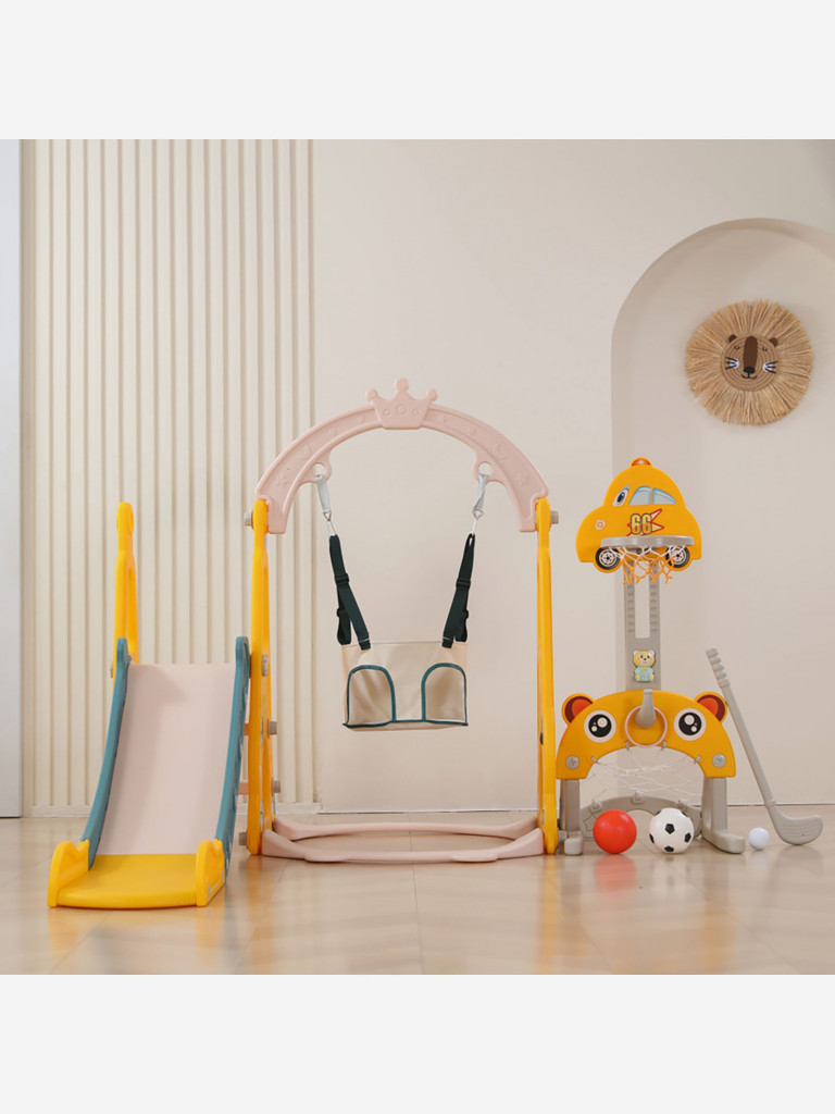 Горка с качелями и баскетбольной стойкой UNIX Kids Funny Car, 160 см, желтый