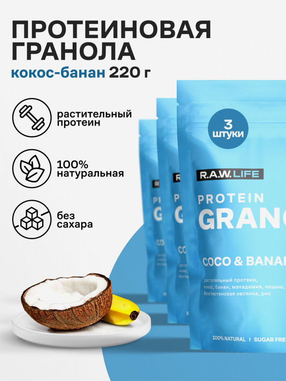 Гранола протеиновая Роулайф R.A.W. LIFE без сахара, без глютена / Натуральный готовый веганский продукт для здорового питания / Кокос-Банан 220гр - набор 3 шт
