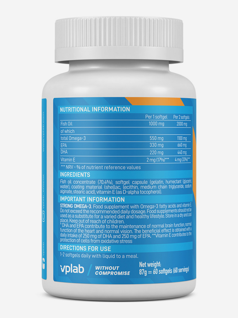 Омега 3 жирные кислоты в высокой концентрации и витамин Е, VPLAB Strong Omega-3, 60 капсул
