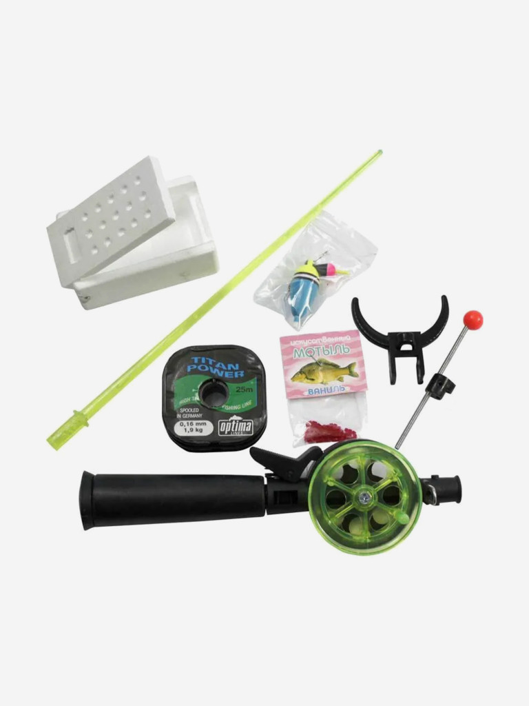 Набор рыболова для зимней рыбалки Три Кита № 2: зимняя удочка, катушка, леска, мормышка, мотыльница, мотыль искусственный, сторожок