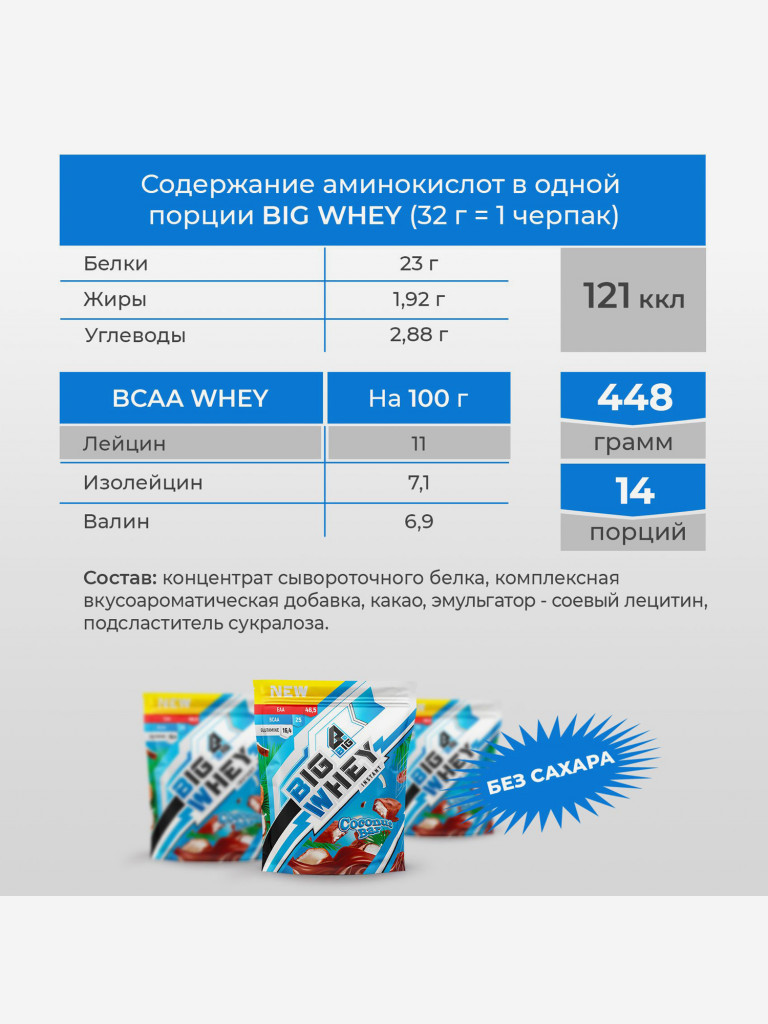 Протеин BIGSNT BIG WHEY сывороточный для набора мышечной массы, похудения и сушки, 448 г, 14 порций, Баунти