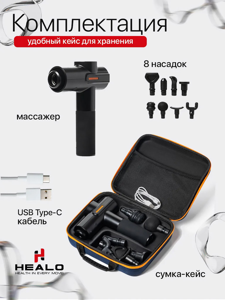 Массажер перкуссионный для тела HEALO,до 3600 ударов в минуту, 4 режима, от 3 до 32 скоростей