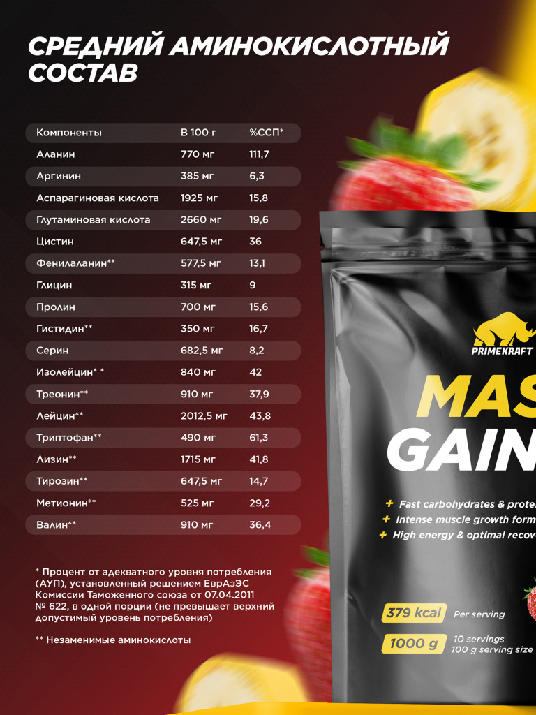 Гейнер PRIMEKRAFT со вкусом «Клубника-банан» 1000г