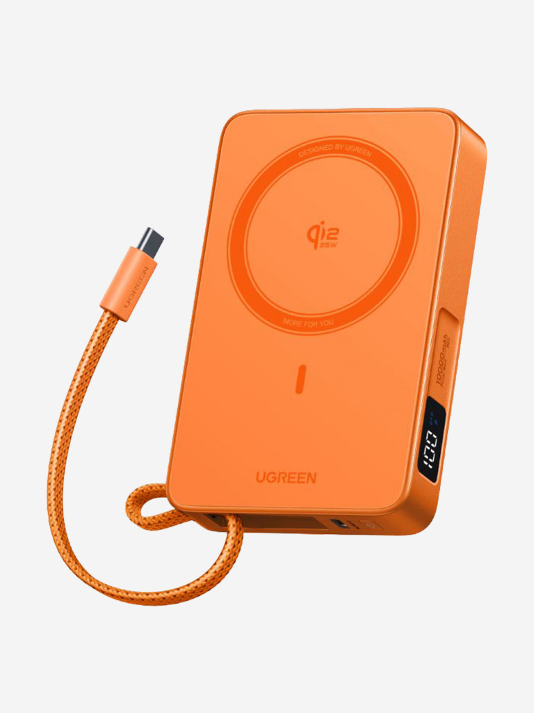 Внешний аккумулятор UGREEN PB773 (95083B) "MagFlow" 30W W-less 10000mAh Qi2.2 Power Bank&Built-in Cable (CCC) со встроенным кабелем USB-C