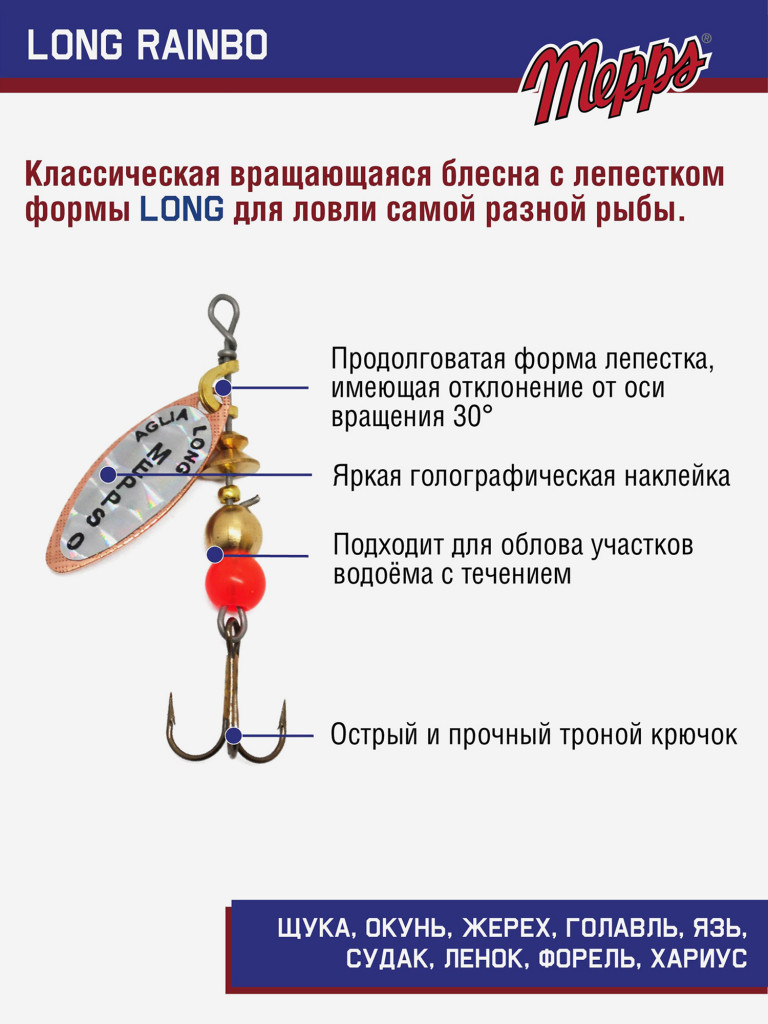 Блесна вращающаяся для рыбалки Mepps LONG RAINBO на щуку, окуня