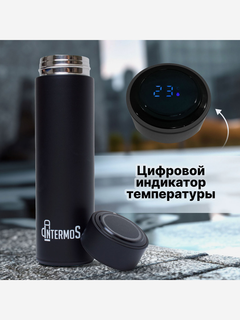 Термос с узким горлом с термодатчиком Intermos, 500 мл, черный