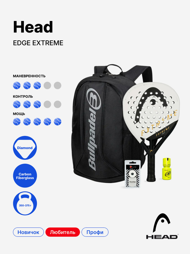Комплект из ракетки для падела Head Edge Extreme Black с рюкзаком Bullpadel Avant и аксессуарами