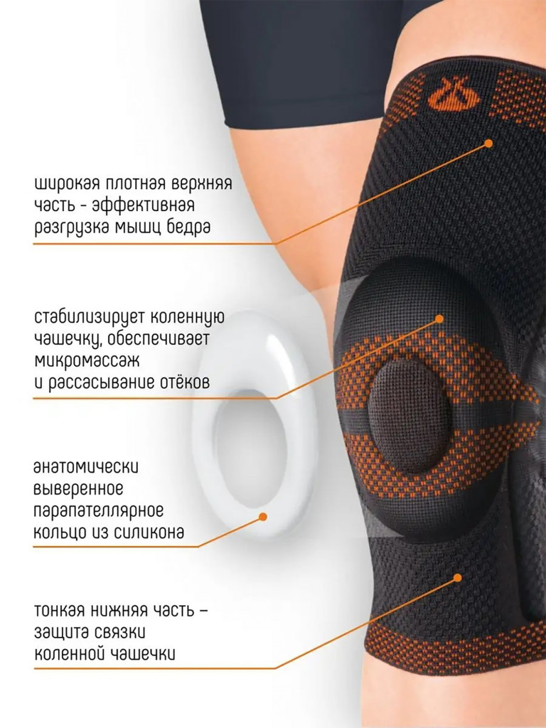 Бандаж коленный c закрытой коленной чашечкой с силиконовой подушечкой и пружинными ребрами жесткости