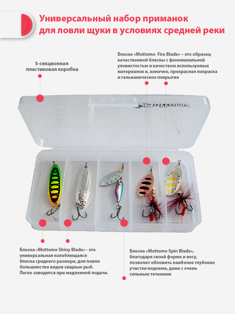 Набор блесен рыболовных для спиннинга Mottomo Pike Kit №4 (Medium River) Щука/сред.река