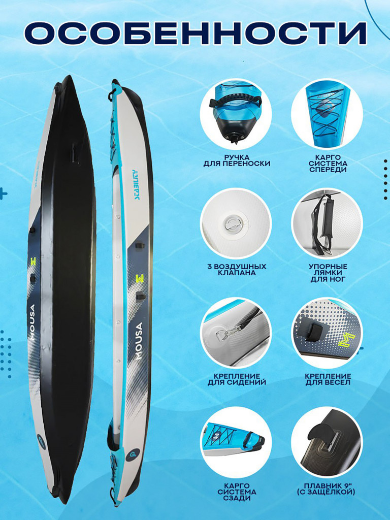 Надувной каяк Mousa Adventure Stability 473х76х37 см, 2-местный, Drop-Stitch дно, до 400 кг