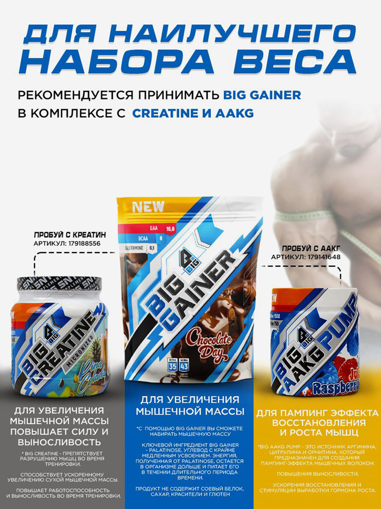Гейнер BIGSNT BIG GAINER для набора мышечной массы высокобелковый / 1.5 кг, Шоколад