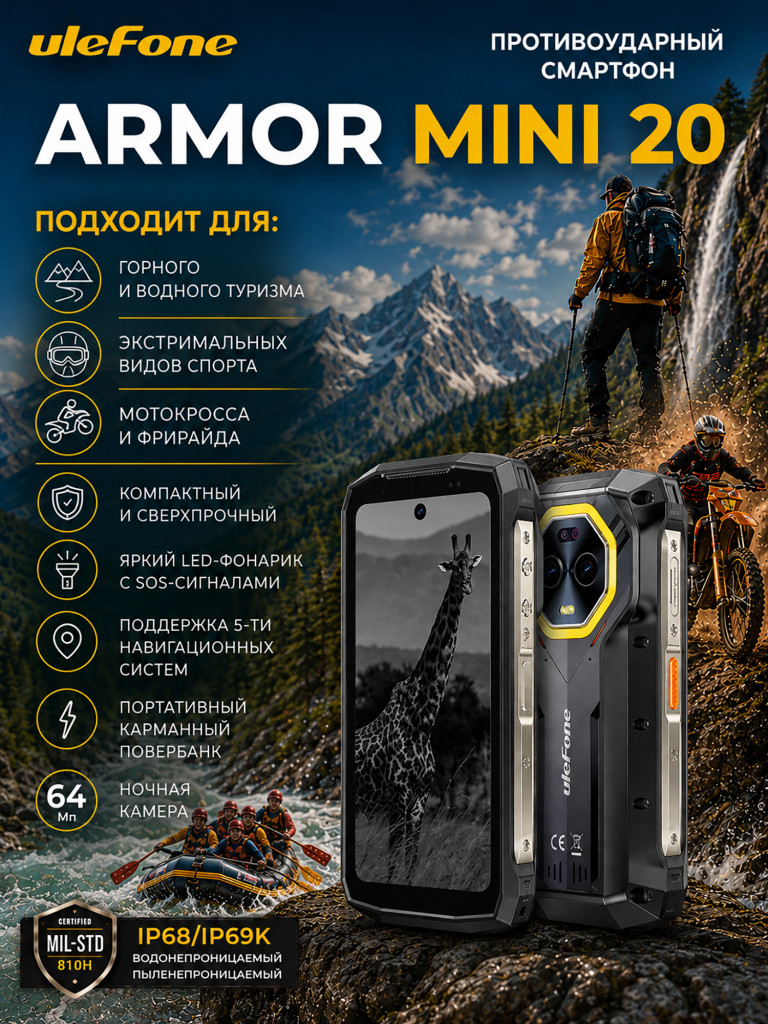 Смартфон Ulefone Armor Mini 20 6+256 Black, 4.7”, 90Hz, HD+, MTK G99, 4G, And14, 50+64 Infrared, 32MP, 6200mAh