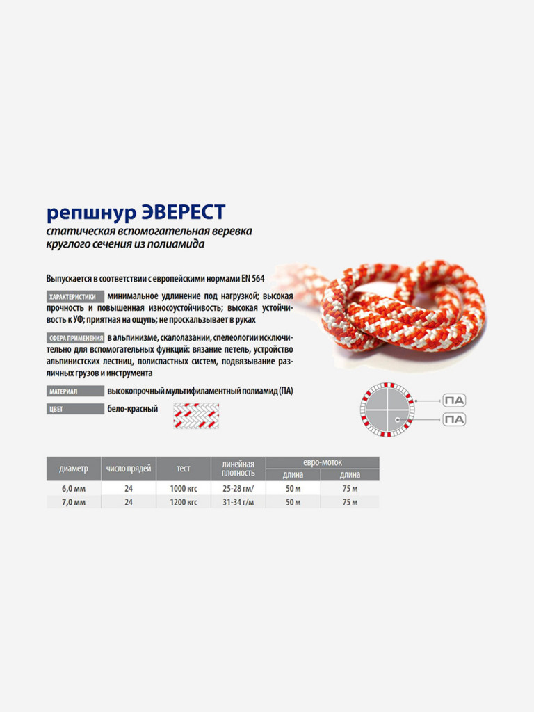 Репшнур Петроканат ЭВЕРЕСТ 7,0 мм (50 м), 1200 кгс, евро-моток