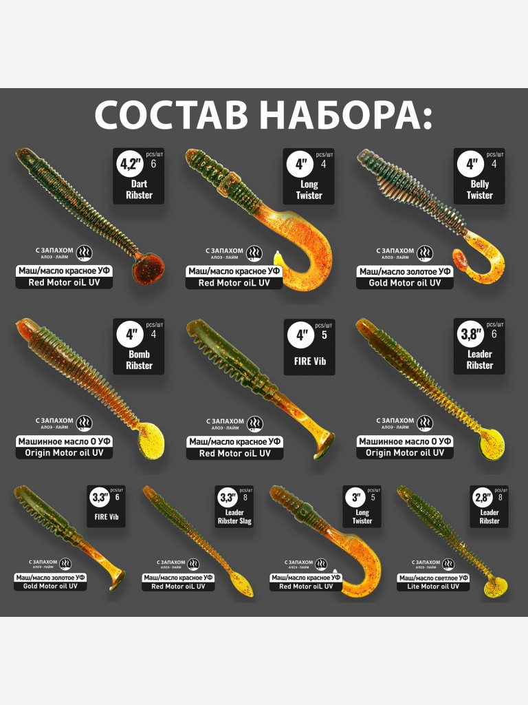 Набор силиконовые приманки RuBaits Sport MIX 2 для спортивной рыбалки. 10 моделей. Размеры 70 - 106 мм. Приманки на щуку. На окуня на судака на форель.