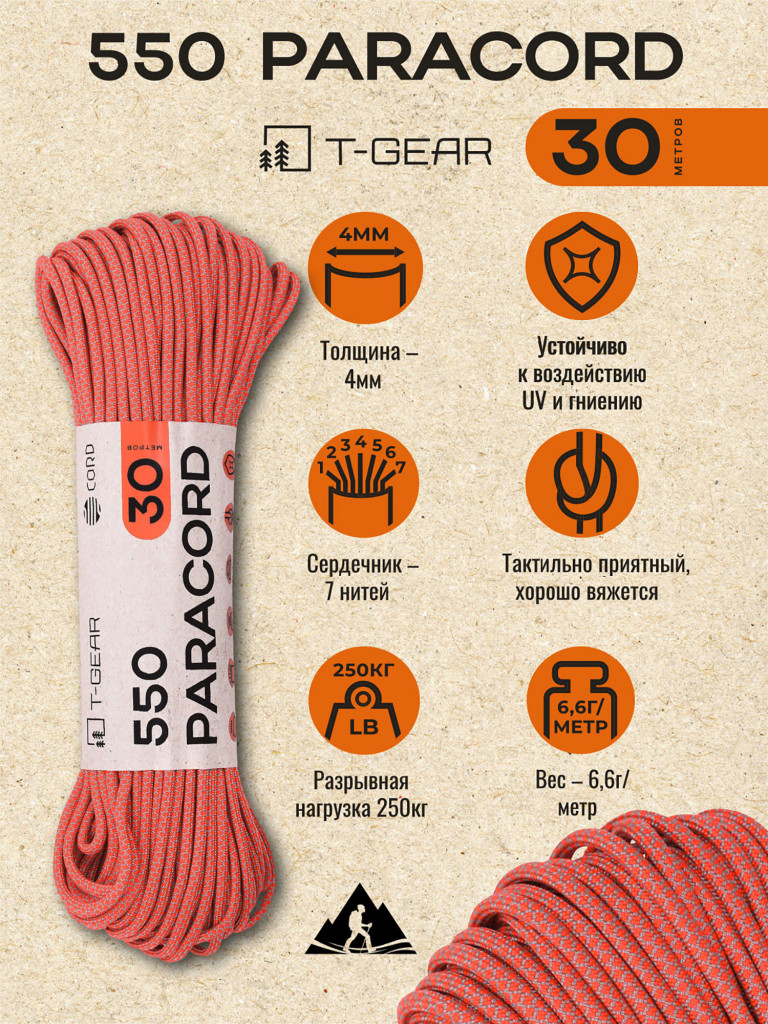 Паракорд 550 T-Gear x CORD nylon 30м (Orange Grey Snake)