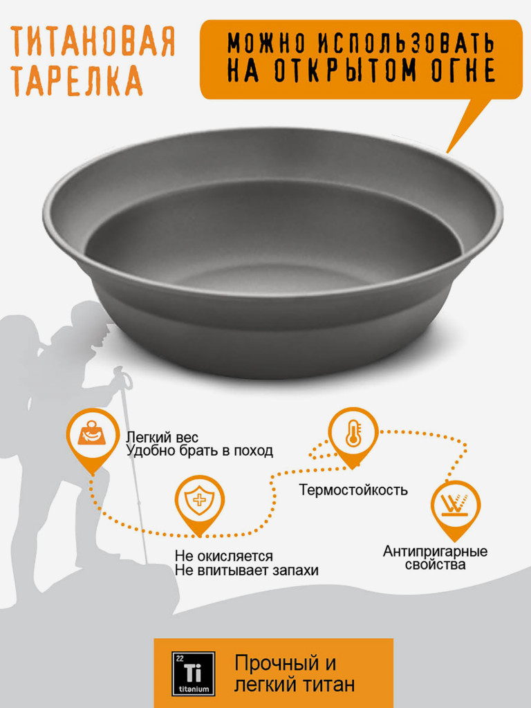 Тарелка походная , из титана, диаметр 18,4 см, титановая посуда