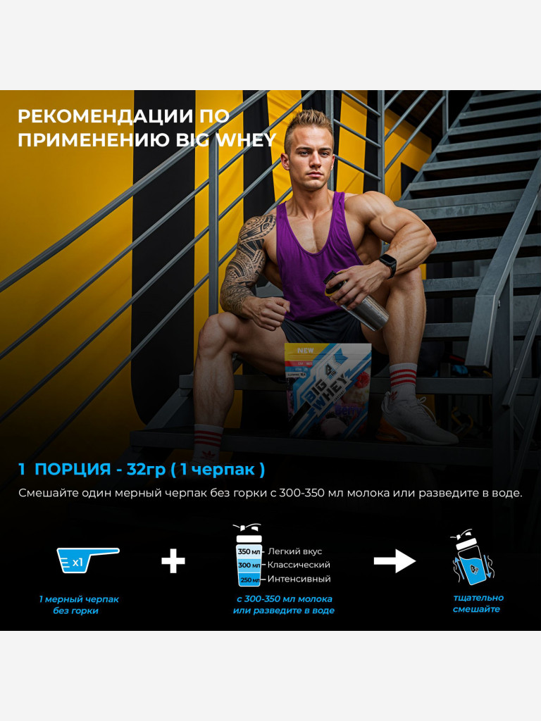 Протеин BIGSNT BIG WHEY сывороточный для набора мышечной массы, похудения и сушки / 900 грамм, 28 порций, Ягодное мороженое