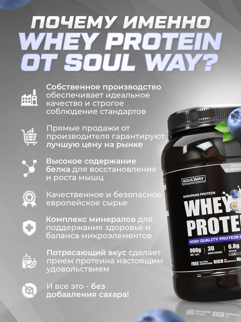 Протеин сывороточный Soul Way со вкусом черничный йогурт 900 гр 30 порций