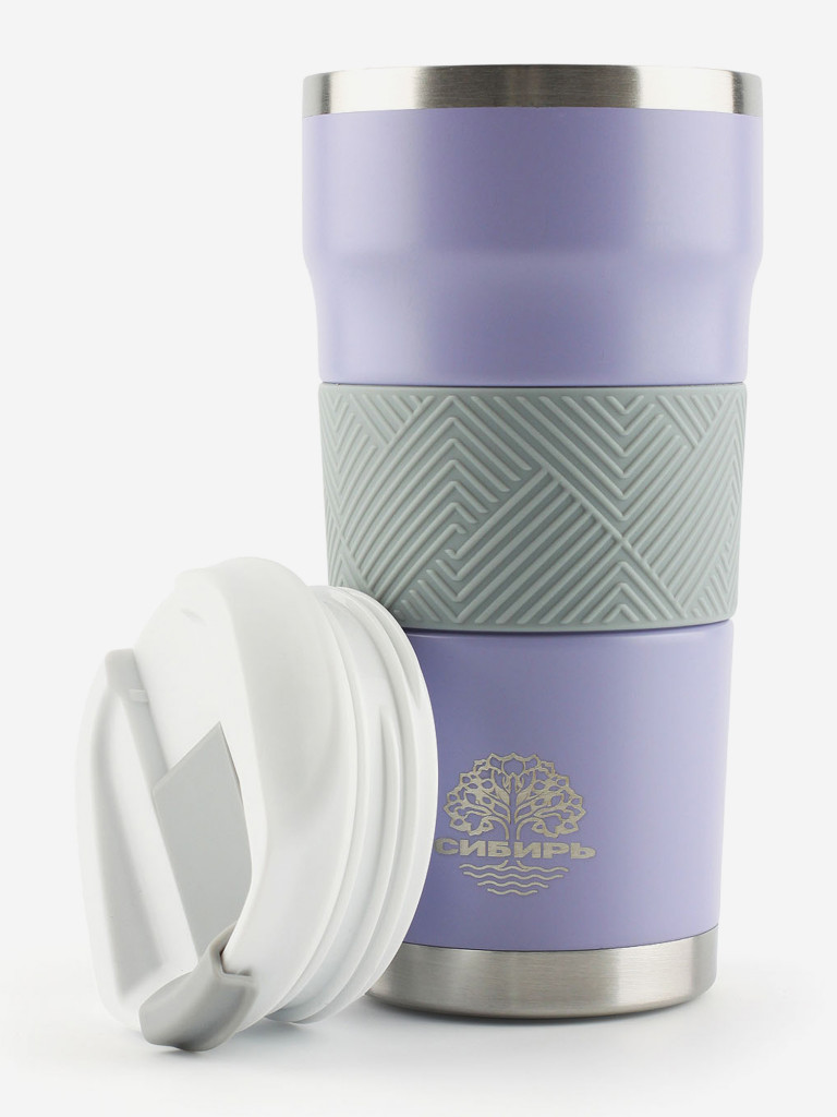 Термокружка женская 0,5л стальная СИБИРЬ "Лавандовые поля" с силиконовой вставкой серый