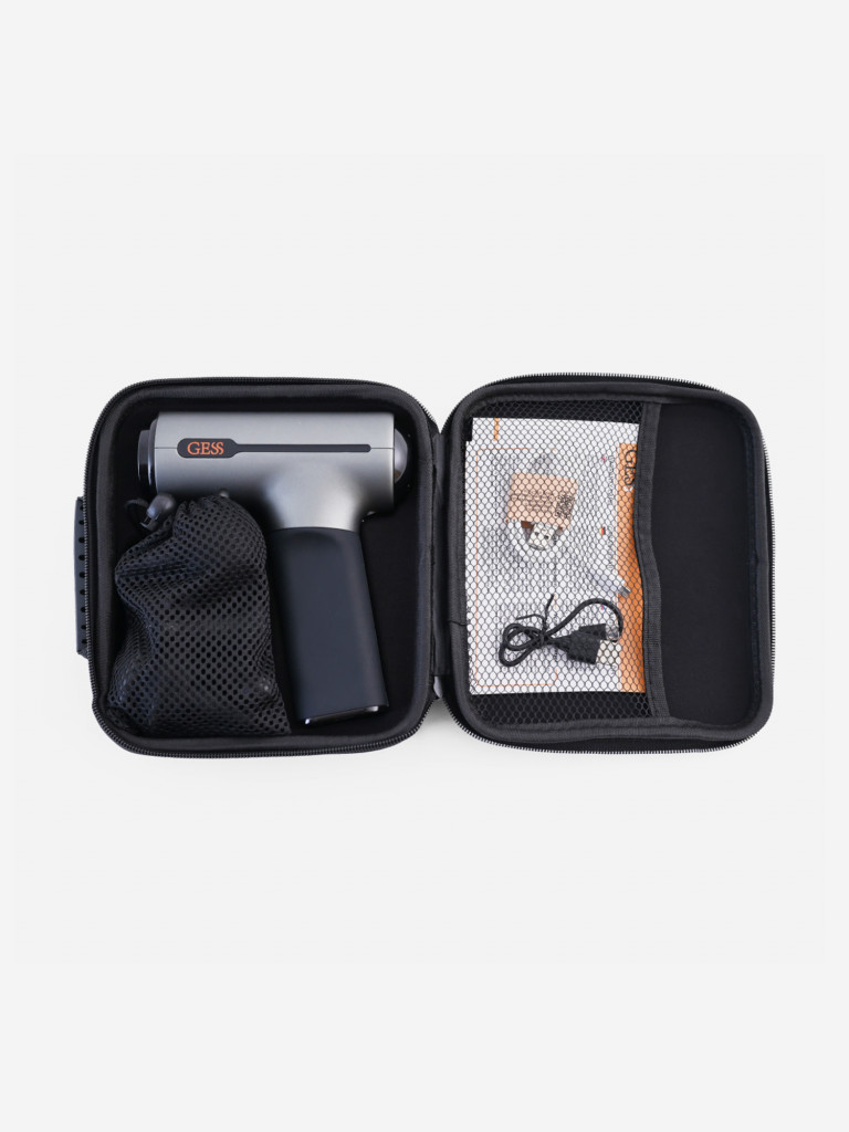 Перкуссионный массажер для тела GESS Revolver Plus, массажный пистолет, ударный, 5 насадок, уникальная насадка с прогревом