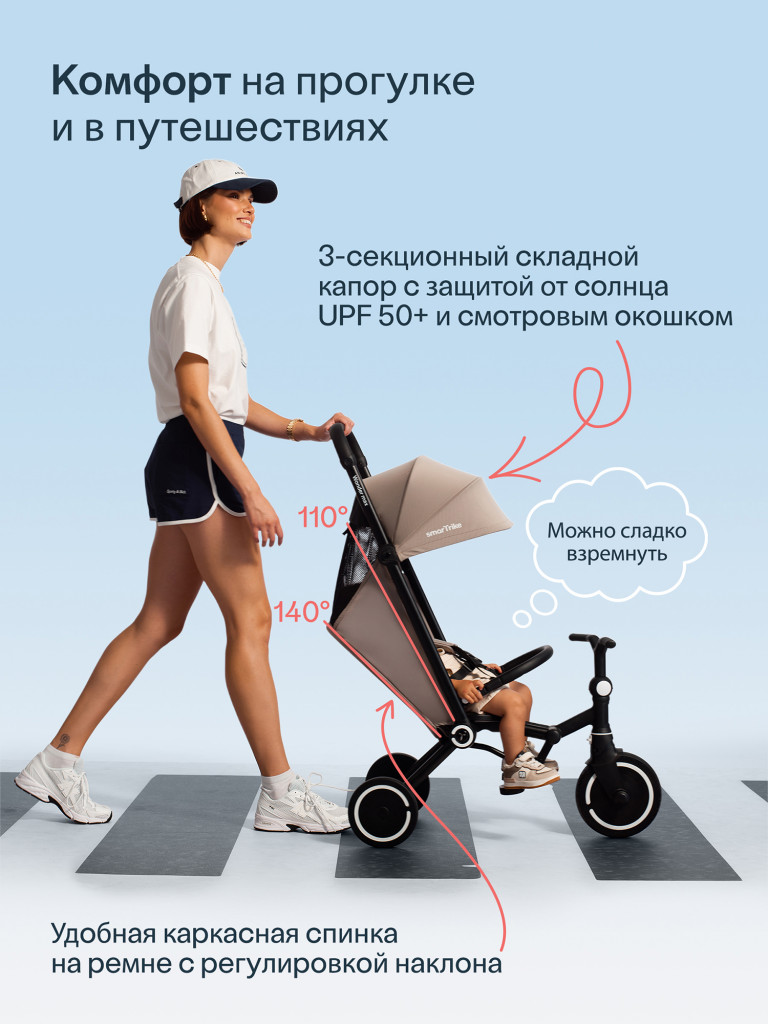 Велосипед детский трехколесный с ручкой SmarTrike Wonder Max Stone Beige, складной, для путешествий