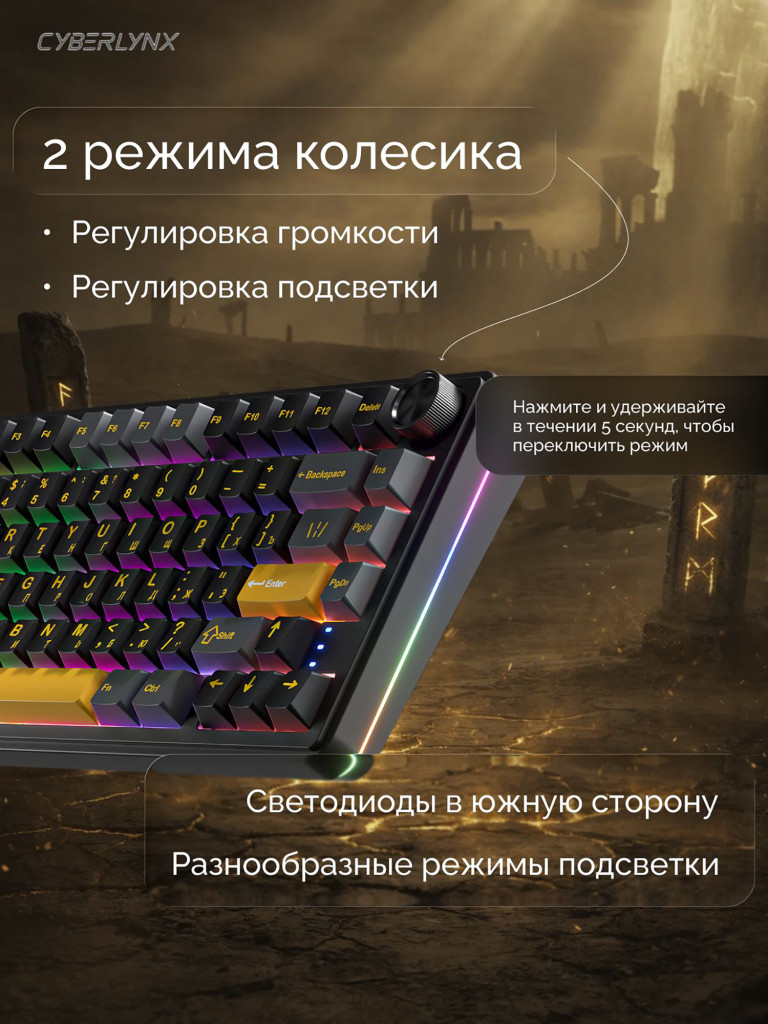 Игровая беспроводная клавиатура CYBERLYNX RX75 Pro Черный Серый Желтый Glow Blue switch