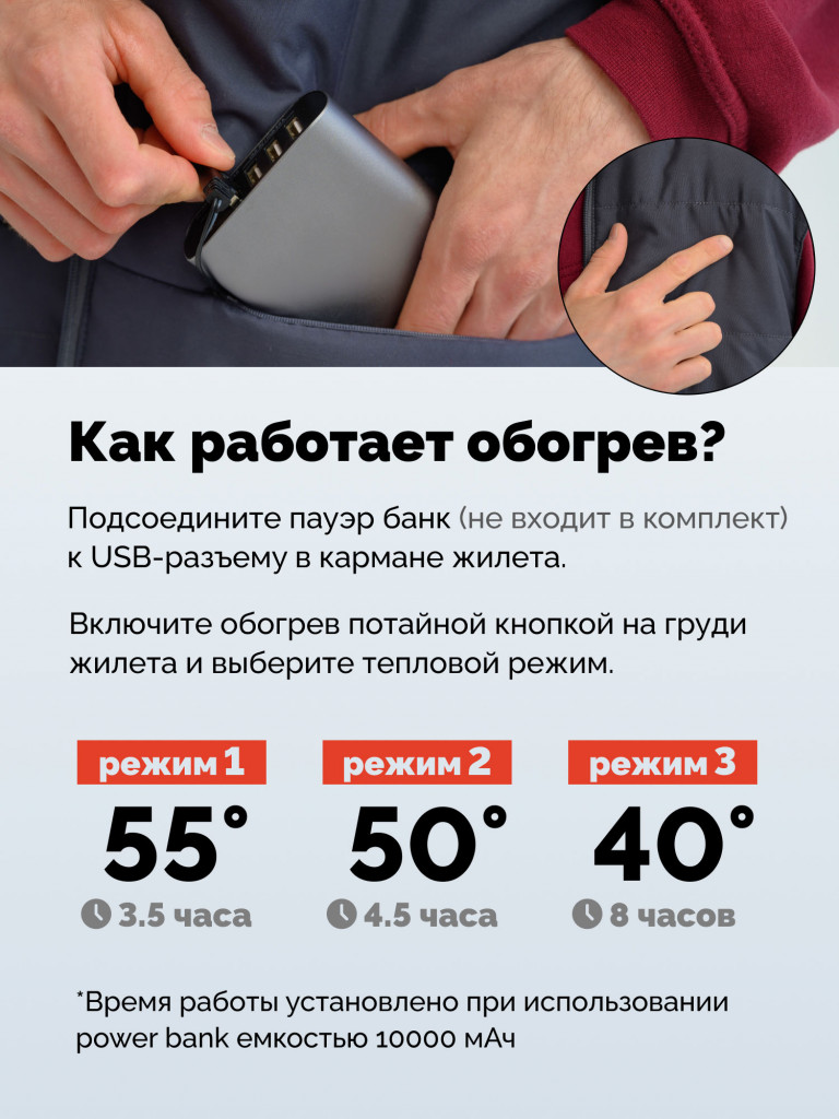 Жилет с подогревом EcoSapiens Hunter 5V USB, 3 режима