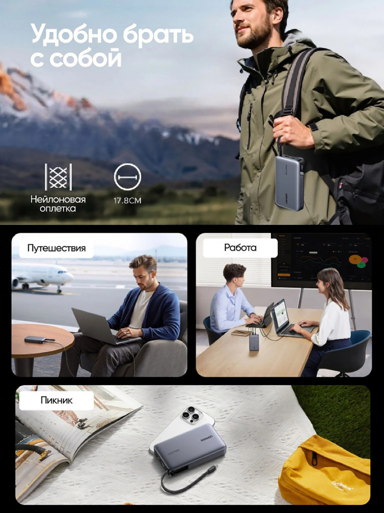 Внешний аккумулятор UGREEN PB551 (55992B) 145W Power Bank 20000mAh USB-C&USB-A со встроенным кабелем USB-C