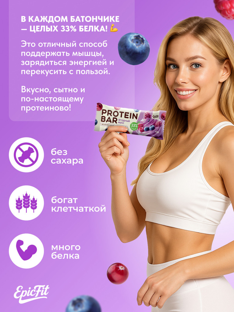 Протеиновые батончики без сахара, в глазури, Ягодный мусс, 16шт