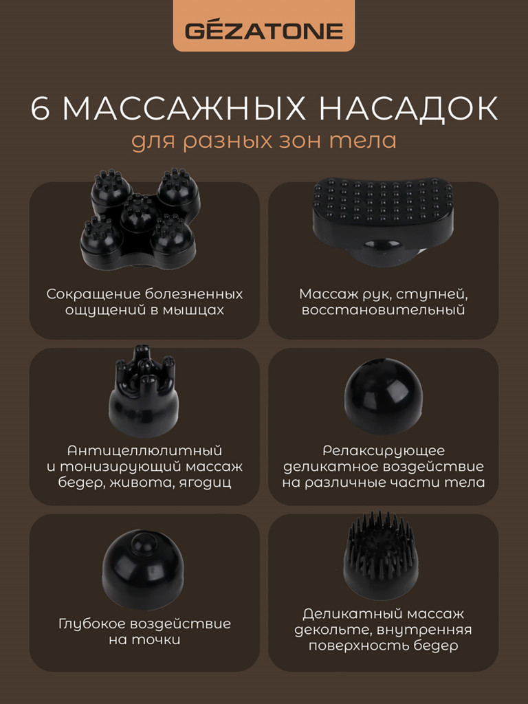 Массажер для тела Gezatone AMG127 NEO с 6-ю насадками, беспроводной