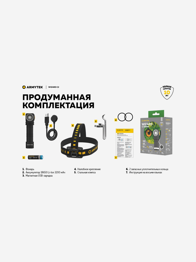Фонарь налобный Armytek Wizard C2 v4 Magnet USB, холодный свет