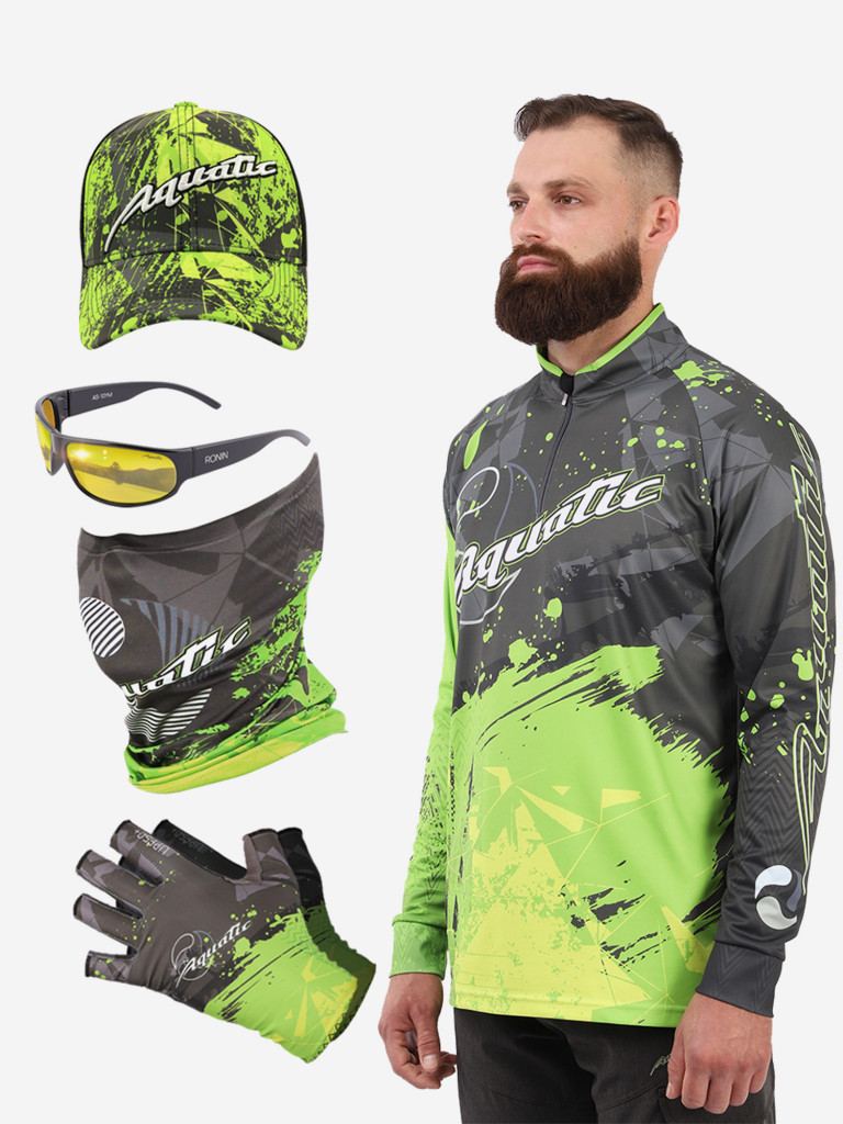 Комплект для рыбалки: джерси, бафф, перчатки, кепка и очки