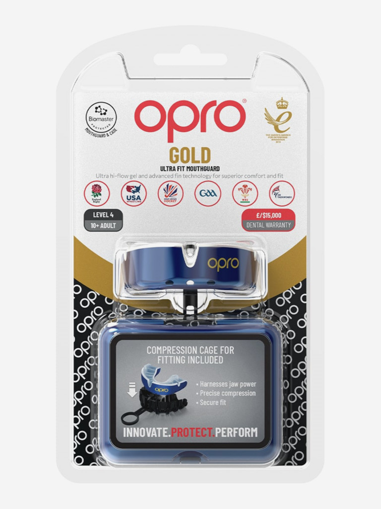 Боксерская капа взрослая, спортивная, защитная для зубов OPRO Self-Fit Gold - Blue/Pearl