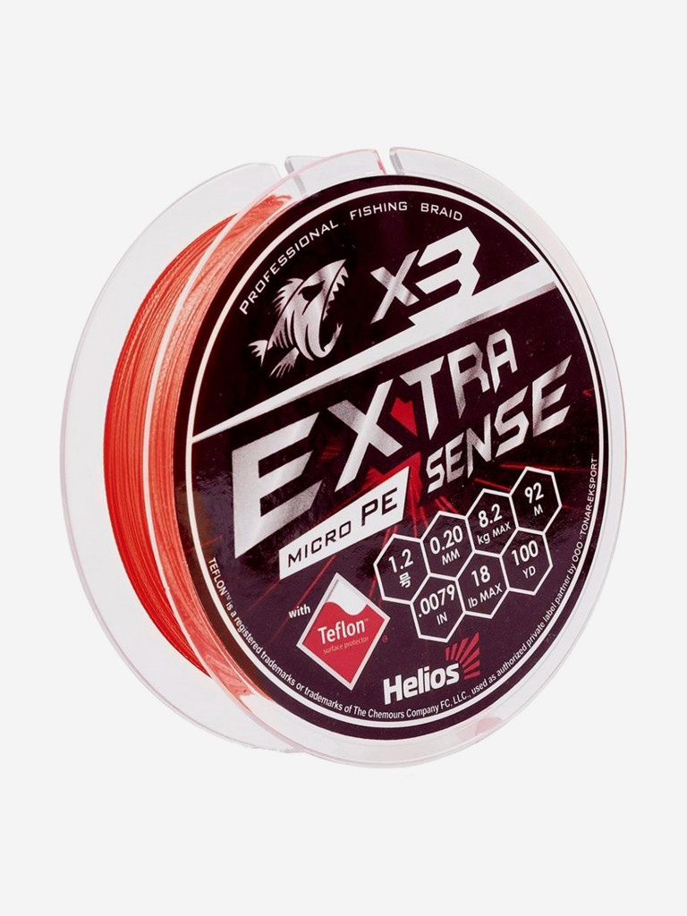 Шнур плетеный для рыбалки Helios Extrasense X3 PE, 92м, 0,2мм, 8,2кг, красный