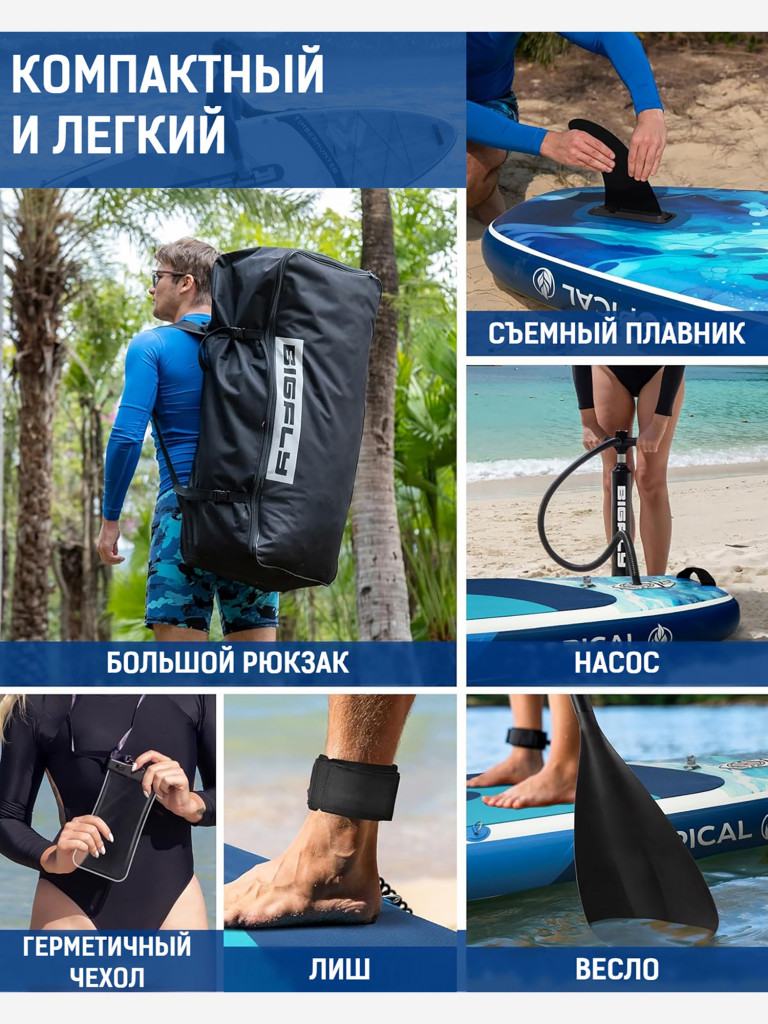 Надувной двухслойный SUP-борд BIGFLY TROPICAL BLUE PRO, 11' 335*86*15 см, сапборд