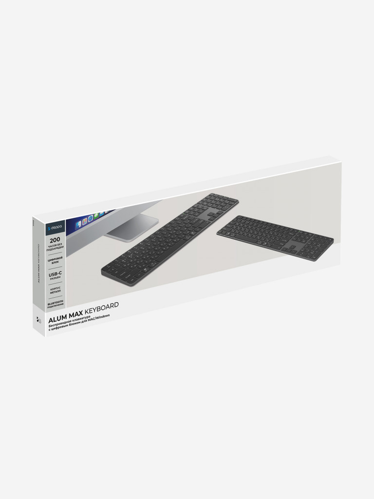 Беспроводная клавиатура c цифровым блоком Deppa Alum Max Keyboard 500 мАч, 2.4G / Bluetooth, ножничная, алюминиевый корпус