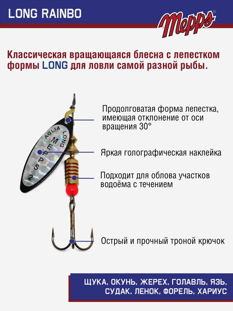 Блесна вращающаяся для рыбалки Mepps LONG RAINBO на щуку, окуня