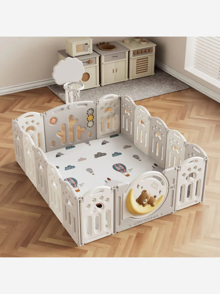 Манеж UNIX Kids DeLuxe Grey, 150x180 cм, с баскетбольным кольцом и ковриком