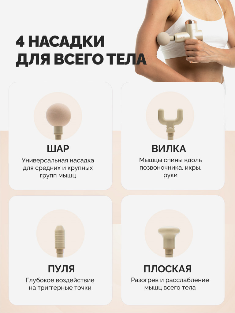 Перкуссионный беспроводной массажер для шеи, спины и плеч GESS Mini Revolver, массажный пистолет, ударный массажер, 4 насадки