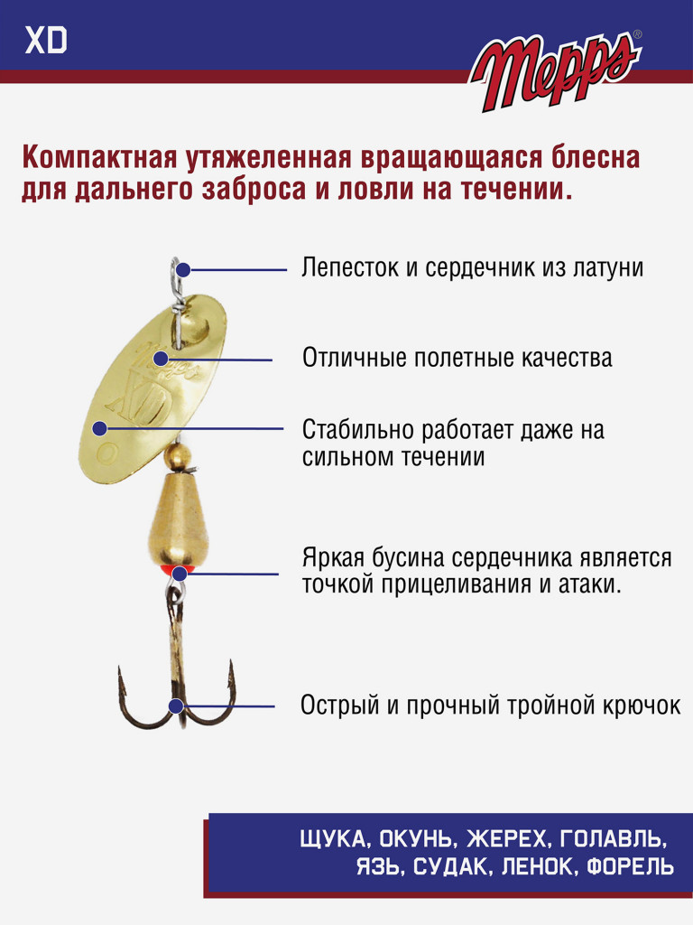 Блесна вращающаяся для рыбалки Mepps XD OR №0 на щуку, окуня