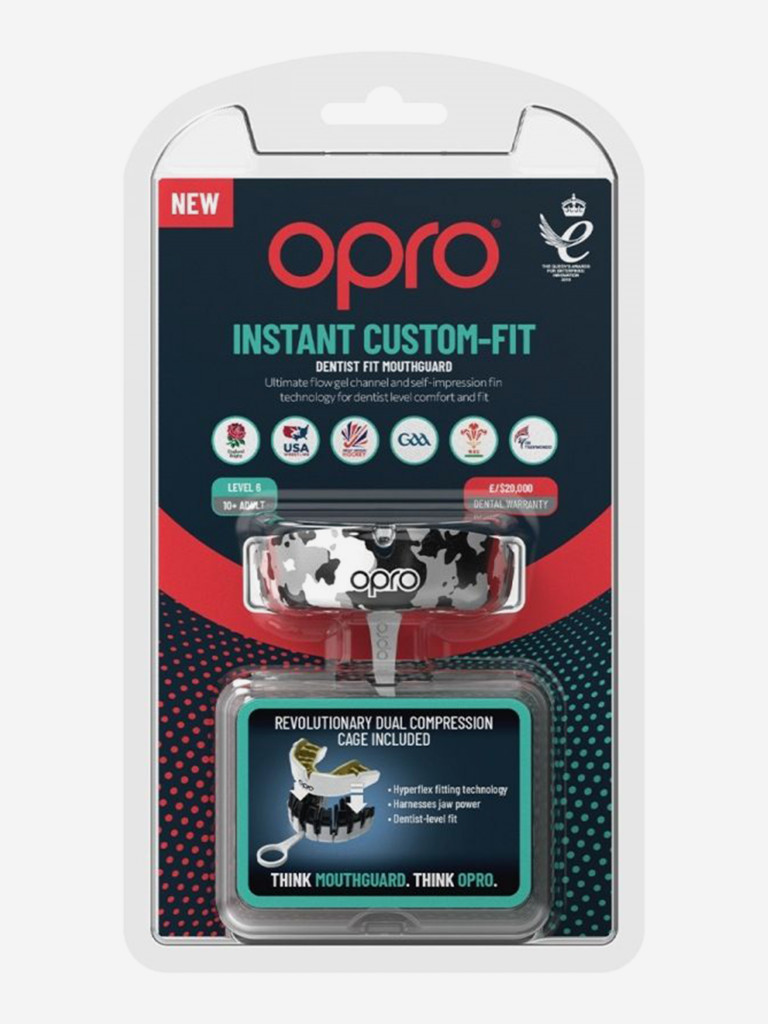 Боксерская капа взрослая, спортивная, защитная для зубов OPRO Instant Custom-Fit Camo - Black/White/Silver